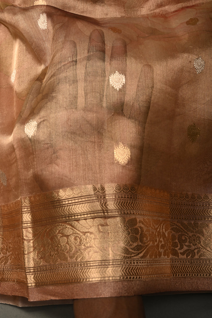 Dusty Rose Banarasi Organza Silk Saree with Sona Rupa Butta and Zari Border | SILK MARK CERTIFIED | SHOBITAM