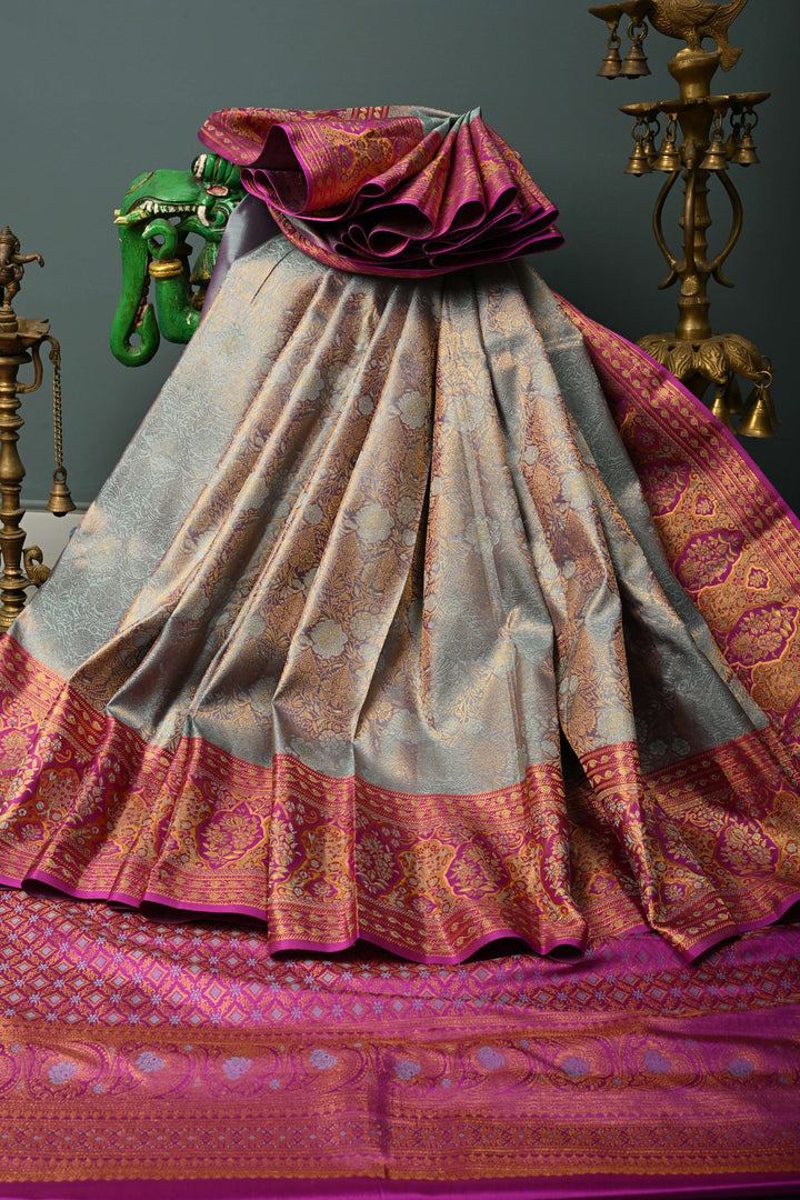 Blue -Lavender Dual tone Pure Kanjivaram Silk Saree with Meenakari Floral Brocade and Contrast Zari Border | SILK MARK CERTIFIED | SHOBITAM