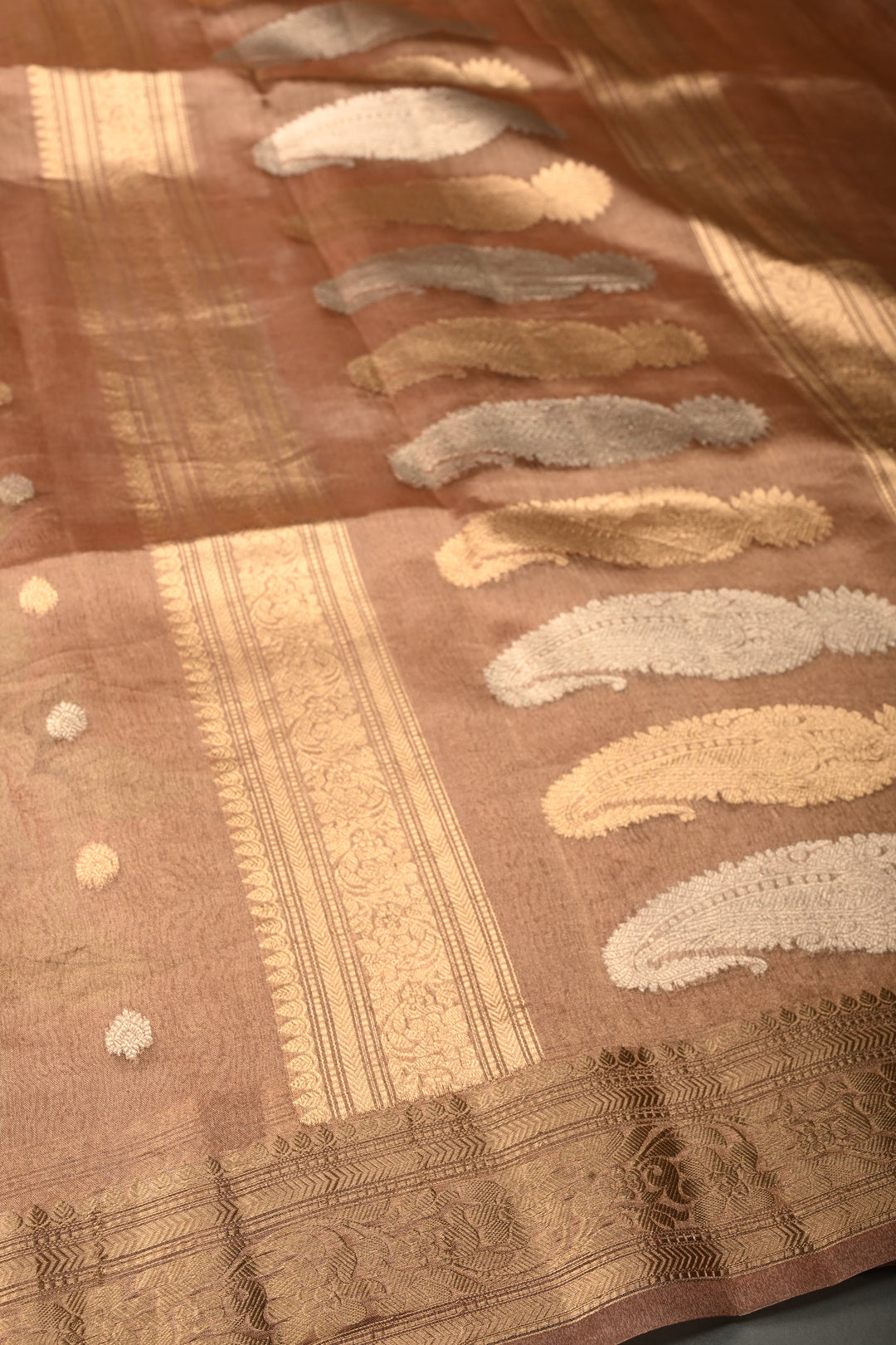 Dusty Rose Banarasi Organza Silk Saree with Sona Rupa Butta and Zari Border | SILK MARK CERTIFIED | SHOBITAM