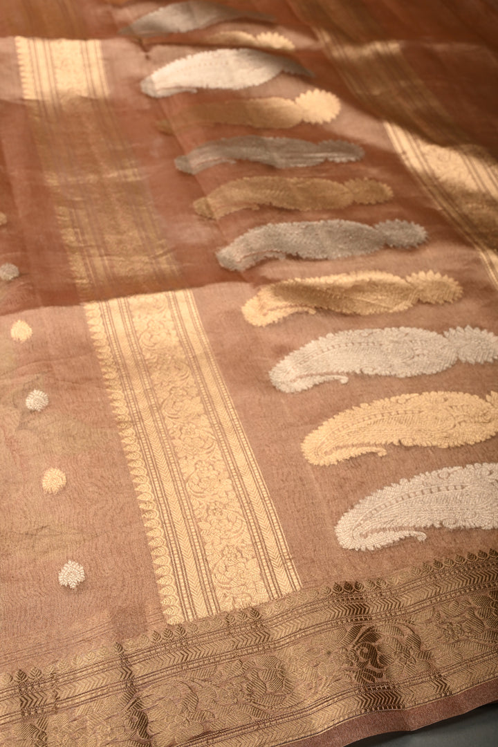 Dusty Rose Banarasi Organza Silk Saree with Sona Rupa Butta and Zari Border | SILK MARK CERTIFIED | SHOBITAM