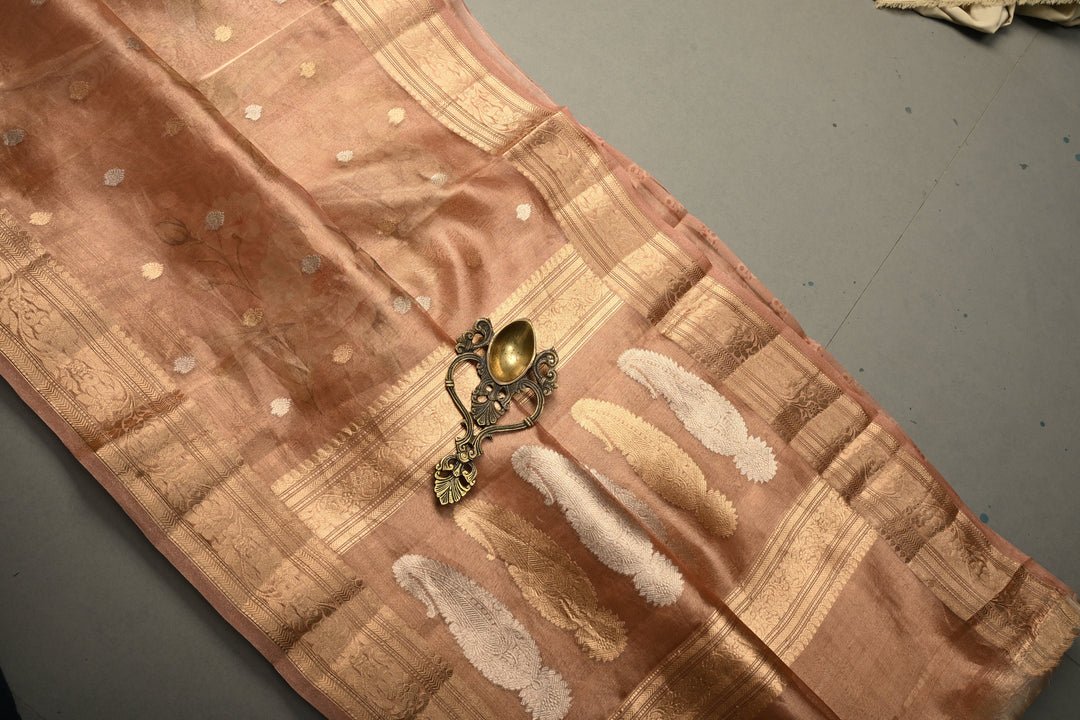 Dusty Rose Banarasi Organza Silk Saree with Sona Rupa Butta and Zari Border | SILK MARK CERTIFIED | SHOBITAM