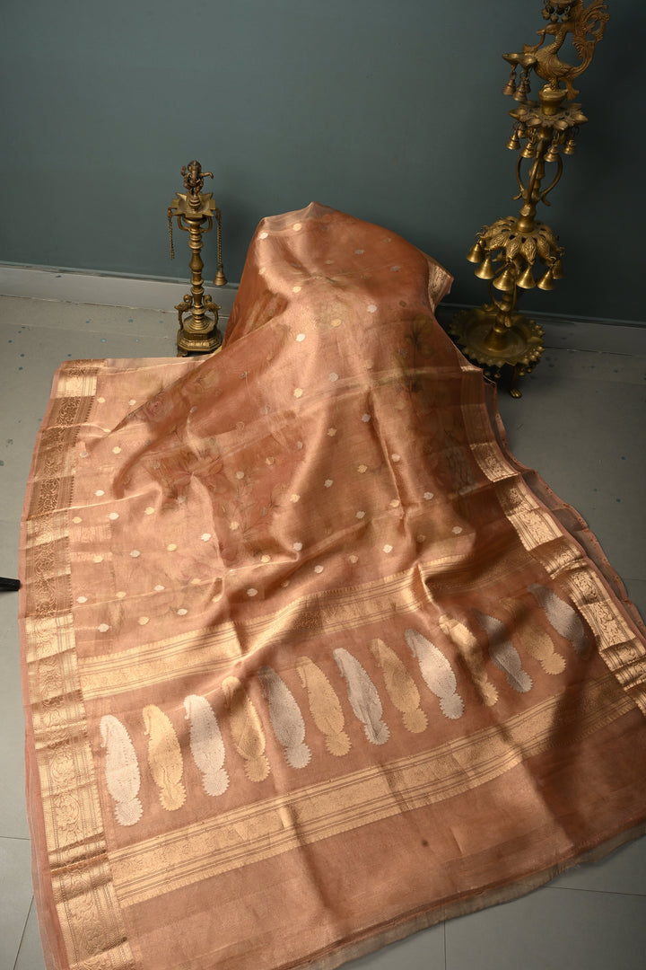 Dusty Rose Banarasi Organza Silk Saree with Sona Rupa Butta and Zari Border | SILK MARK CERTIFIED | SHOBITAM