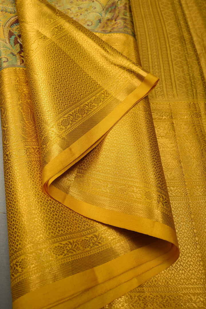 Rangkaat Style on Pure Kanjivaram Tissue Silk Saree with Meenakari Brocade and Zari Border | SILK MARK CERTIFIED | SHOBITAM