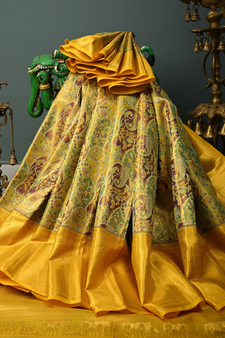 Rangkaat Style on Pure Kanjivaram Tissue Silk Saree with Meenakari Brocade and Zari Border | SILK MARK CERTIFIED | SHOBITAM