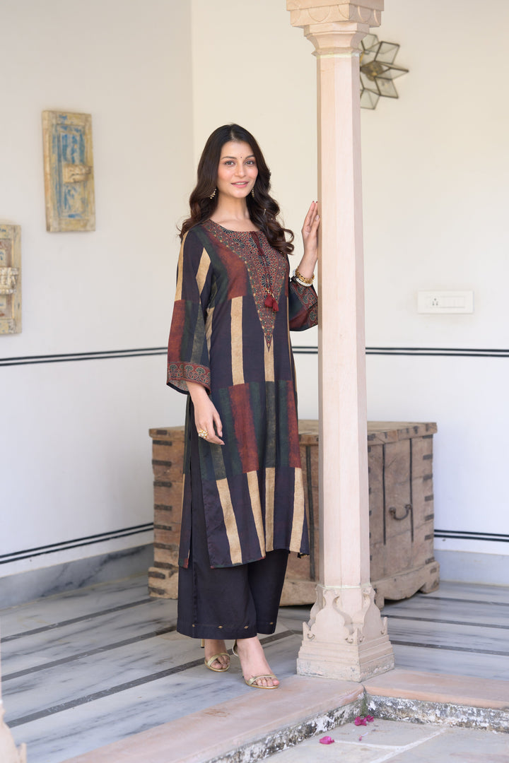 Rustic Brown Ajrakh Print Muslin Kurta Set- SET OF-2 | SHOBITAM