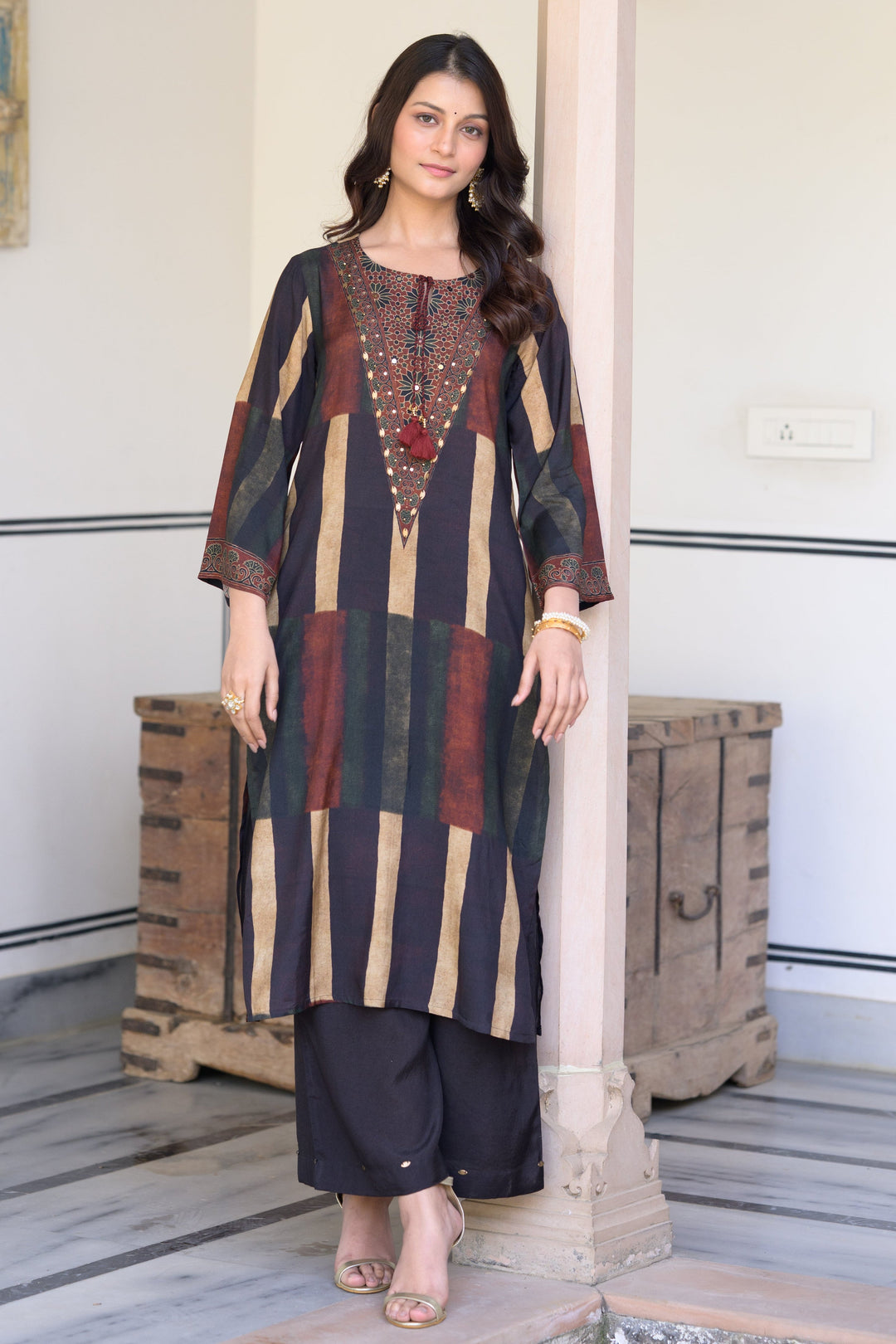Rustic Brown Ajrakh Print Muslin Kurta Set- SET OF-2 | SHOBITAM