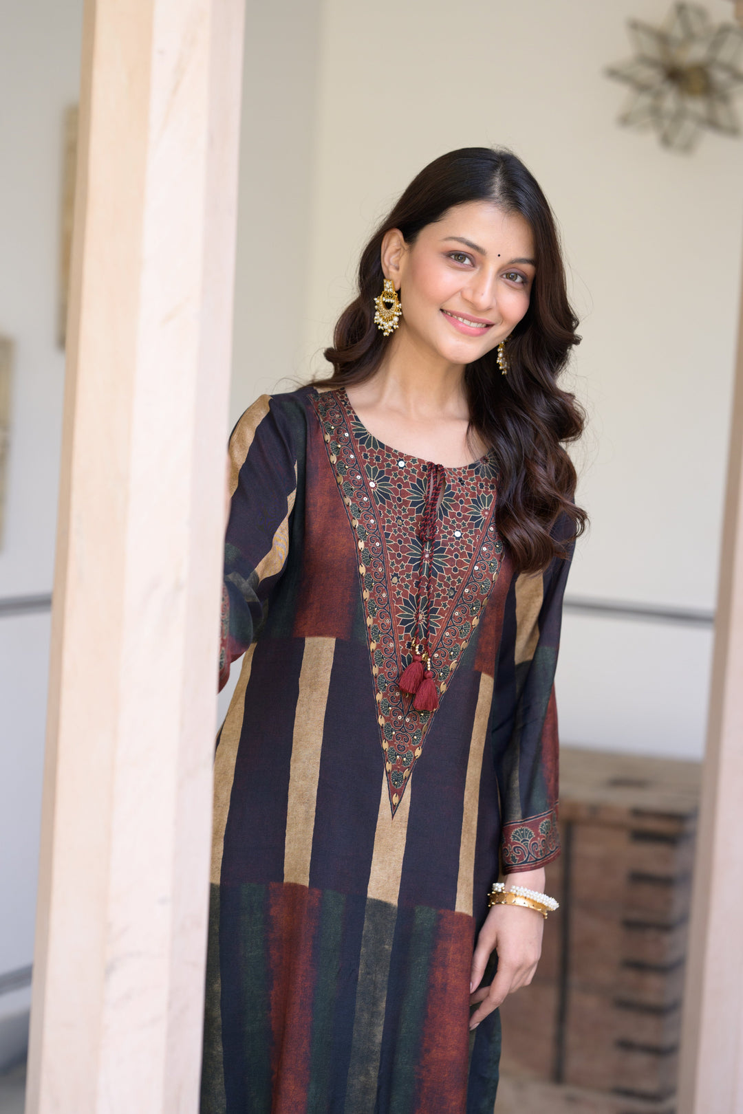 Rustic Brown Ajrakh Print Muslin Kurta Set- SET OF-2 | SHOBITAM