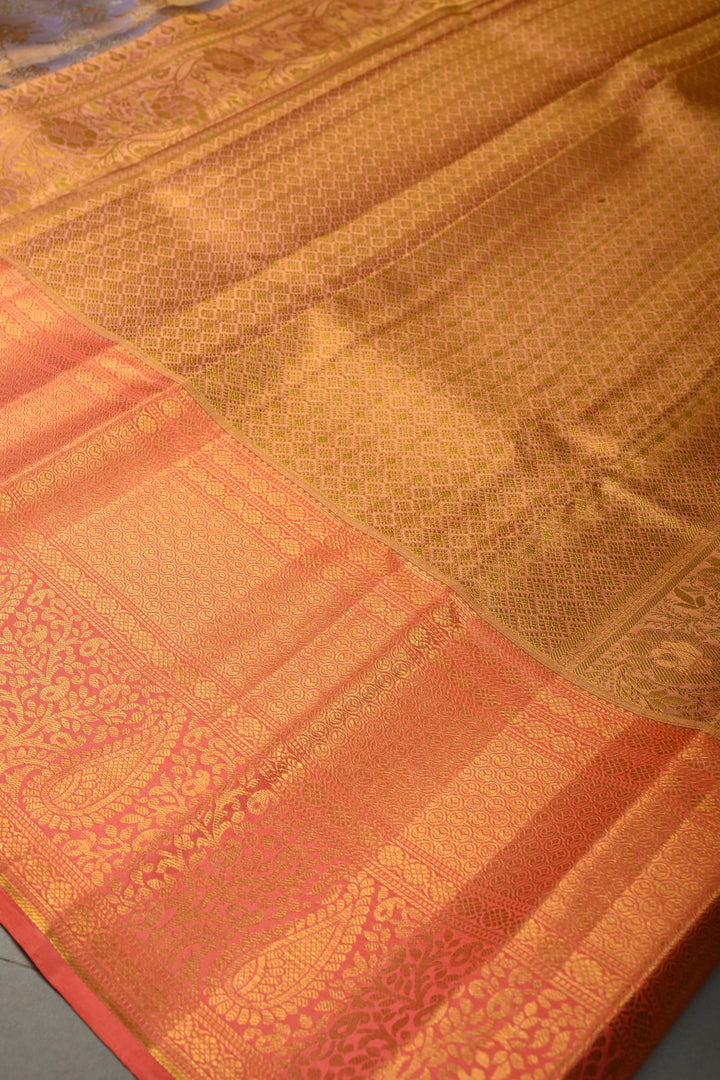 Lavender Pure Kanjivaram Tissue Silk Saree with Meenakari Floral Birds Brocade and Contrast Zari Border | SILK MARK CERTIFIED