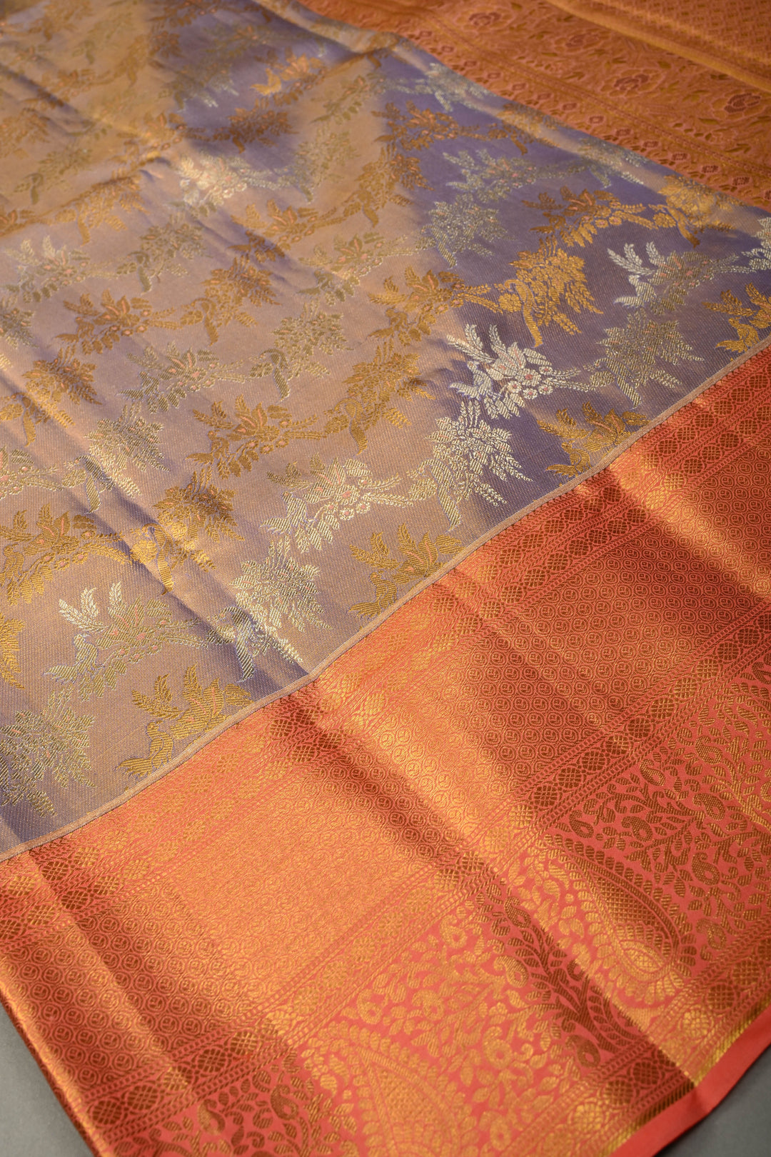 Lavender Pure Kanjivaram Tissue Silk Saree with Meenakari Floral Birds Brocade and Contrast Zari Border | SILK MARK CERTIFIED