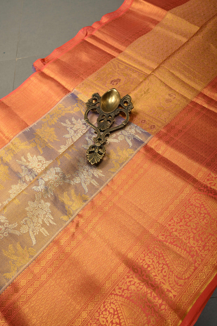 Lavender Pure Kanjivaram Tissue Silk Saree with Meenakari Floral Birds Brocade and Contrast Zari Border | SILK MARK CERTIFIED