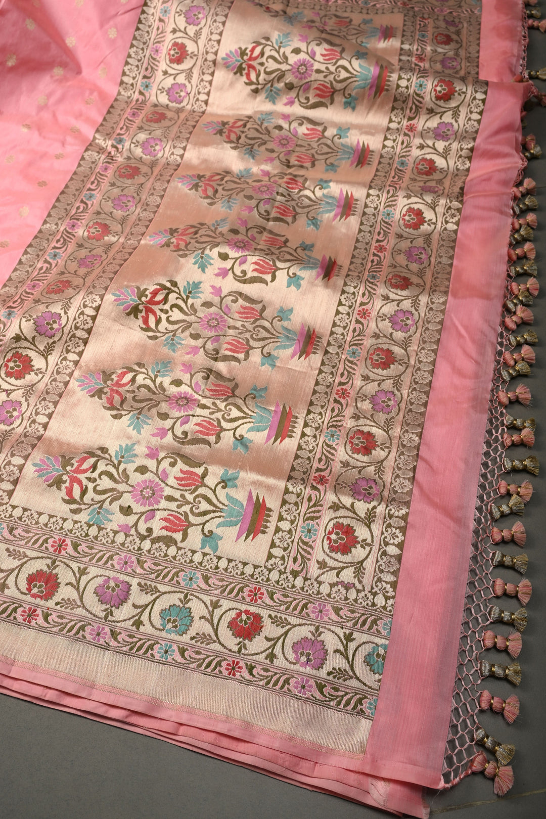 Coral Pink Banarasi Katan Silk Saree with Zari Butta and Paithan Style Border | SILK MARK CERTIFIED | SHOBITAM