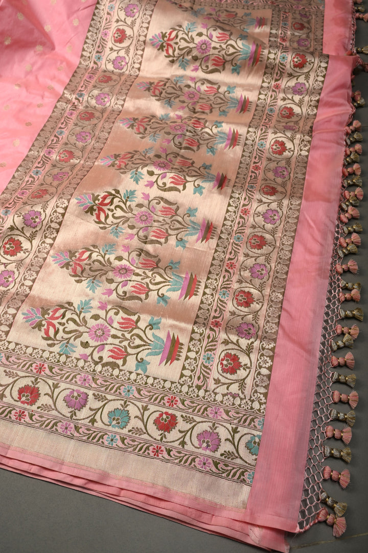 Coral Pink Banarasi Katan Silk Saree with Zari Butta and Paithan Style Border | SILK MARK CERTIFIED | SHOBITAM
