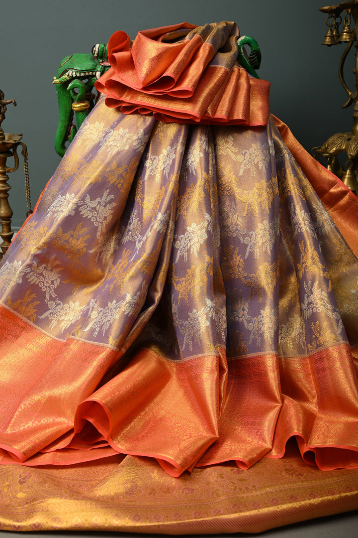 Lavender Pure Kanjivaram Tissue Silk Saree with Meenakari Floral Birds Brocade and Contrast Zari Border | SILK MARK CERTIFIED