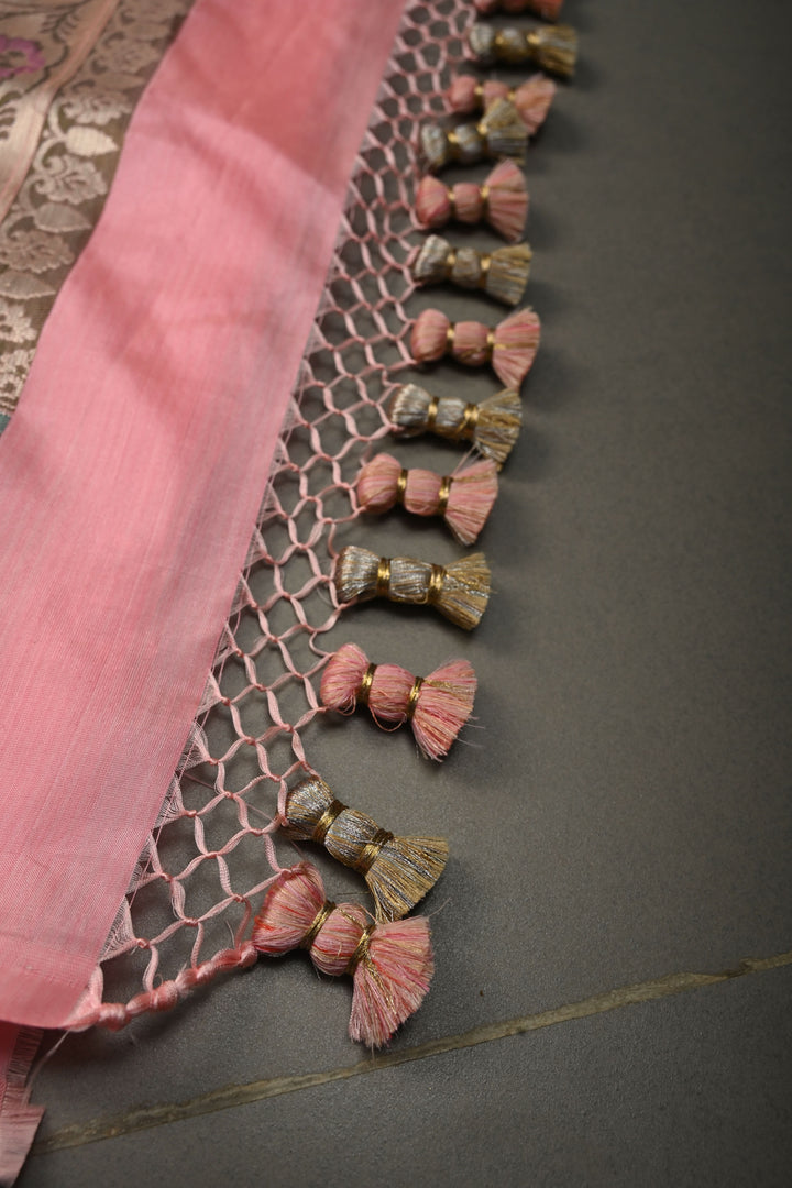 Coral Pink Banarasi Katan Silk Saree with Zari Butta and Paithan Style Border | SILK MARK CERTIFIED | SHOBITAM