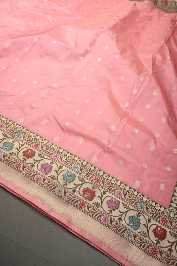 Coral Pink Banarasi Katan Silk Saree with Zari Butta and Paithan Style Border | SILK MARK CERTIFIED | SHOBITAM