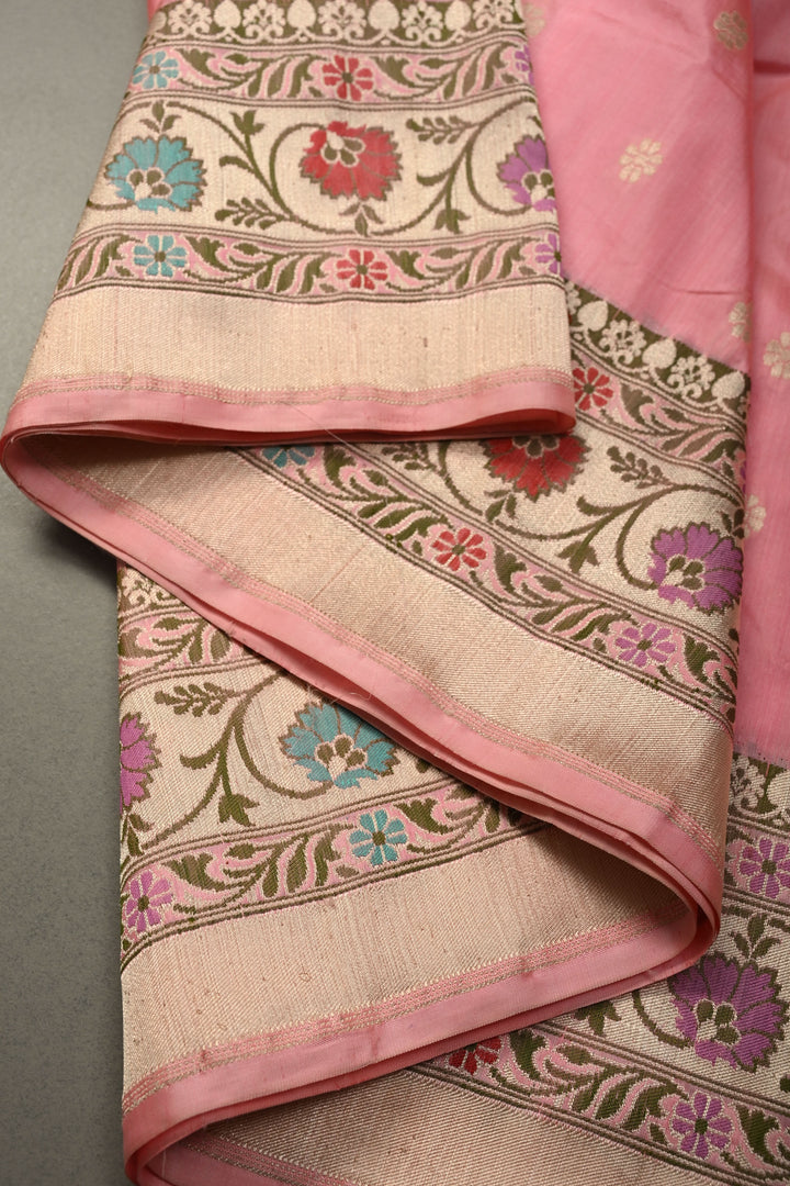 Coral Pink Banarasi Katan Silk Saree with Zari Butta and Paithan Style Border | SILK MARK CERTIFIED | SHOBITAM
