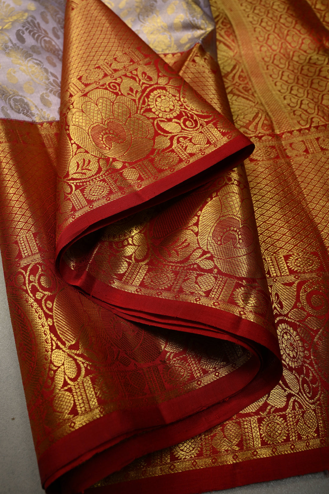 Dusty Lavender Pure Kanjivaram Tissue Silk Saree with Floral Leheria Brocade and Contrast Zari Border | SILK MARK CERTIFIED | SHOBITAM