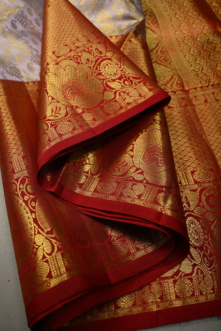 Dusty Lavender Pure Kanjivaram Tissue Silk Saree with Floral Leheria Brocade and Contrast Zari Border | SILK MARK CERTIFIED | SHOBITAM