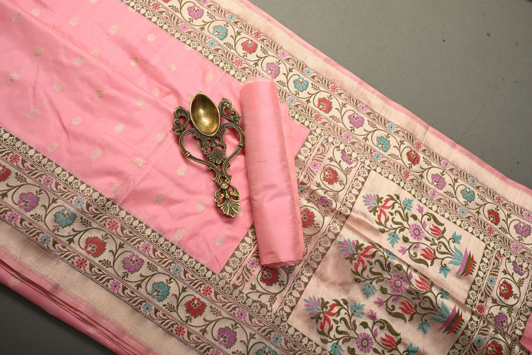 Coral Pink Banarasi Katan Silk Saree with Zari Butta and Paithan Style Border | SILK MARK CERTIFIED | SHOBITAM