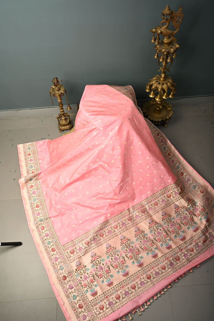 Coral Pink Banarasi Katan Silk Saree with Zari Butta and Paithan Style Border | SILK MARK CERTIFIED | SHOBITAM
