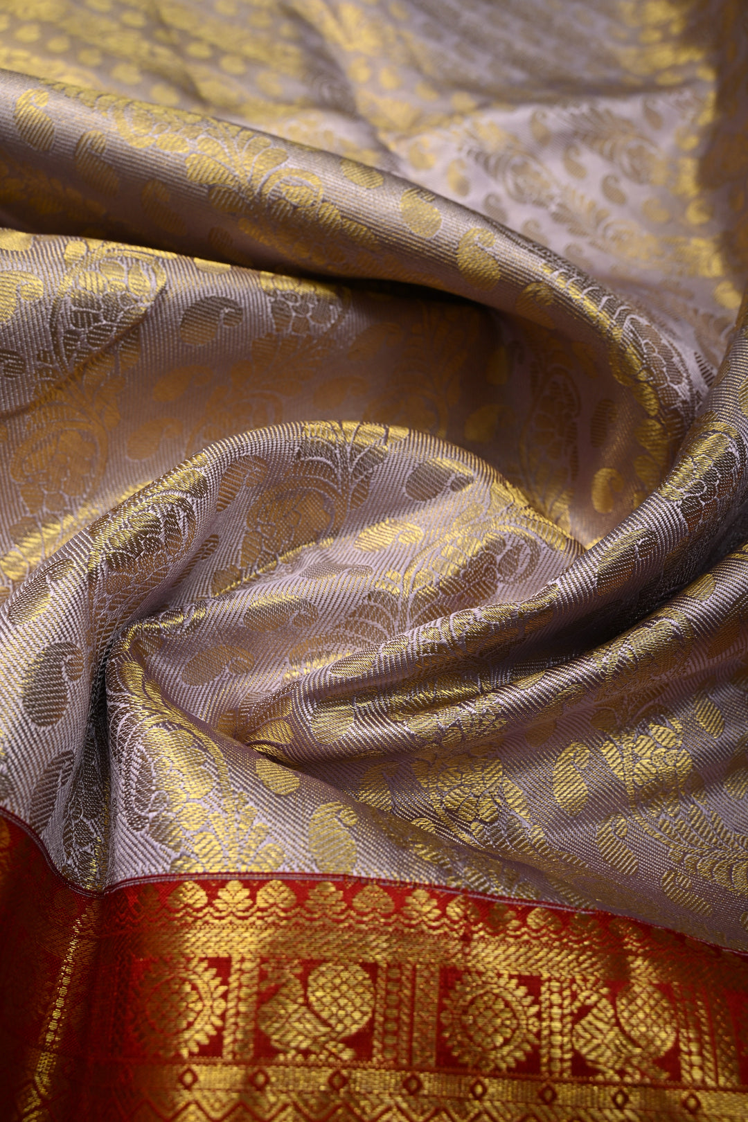 Dusty Lavender Pure Kanjivaram Tissue Silk Saree with Floral Leheria Brocade and Contrast Zari Border | SILK MARK CERTIFIED | SHOBITAM