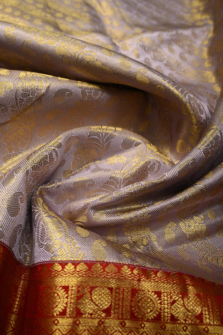 Dusty Lavender Pure Kanjivaram Tissue Silk Saree with Floral Leheria Brocade and Contrast Zari Border | SILK MARK CERTIFIED | SHOBITAM