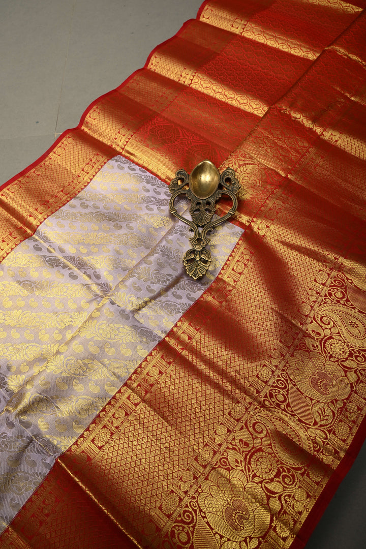 Dusty Lavender Pure Kanjivaram Tissue Silk Saree with Floral Leheria Brocade and Contrast Zari Border | SILK MARK CERTIFIED | SHOBITAM