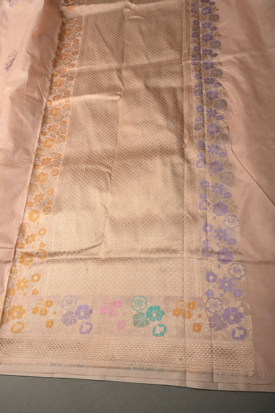 Light peach Pure Banarasi Paithani Style Katan Silk Saree with Meenakari Zari Buttas and Border | SILK MARK CERTIFIED | SHOBITAM