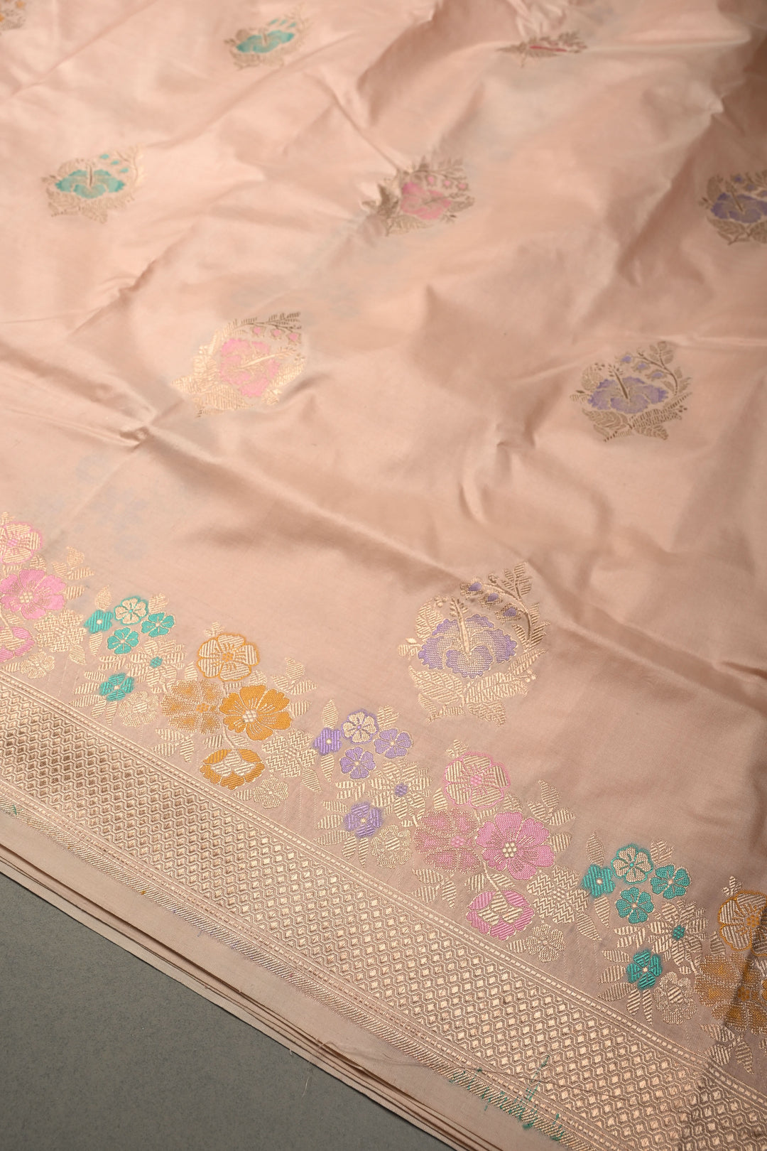 Light peach Pure Banarasi Paithani Style Katan Silk Saree with Meenakari Zari Buttas and Border | SILK MARK CERTIFIED | SHOBITAM