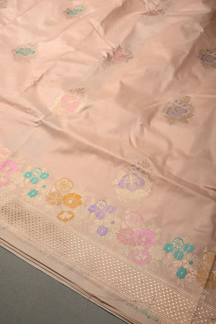 Light peach Pure Banarasi Paithani Style Katan Silk Saree with Meenakari Zari Buttas and Border | SILK MARK CERTIFIED | SHOBITAM