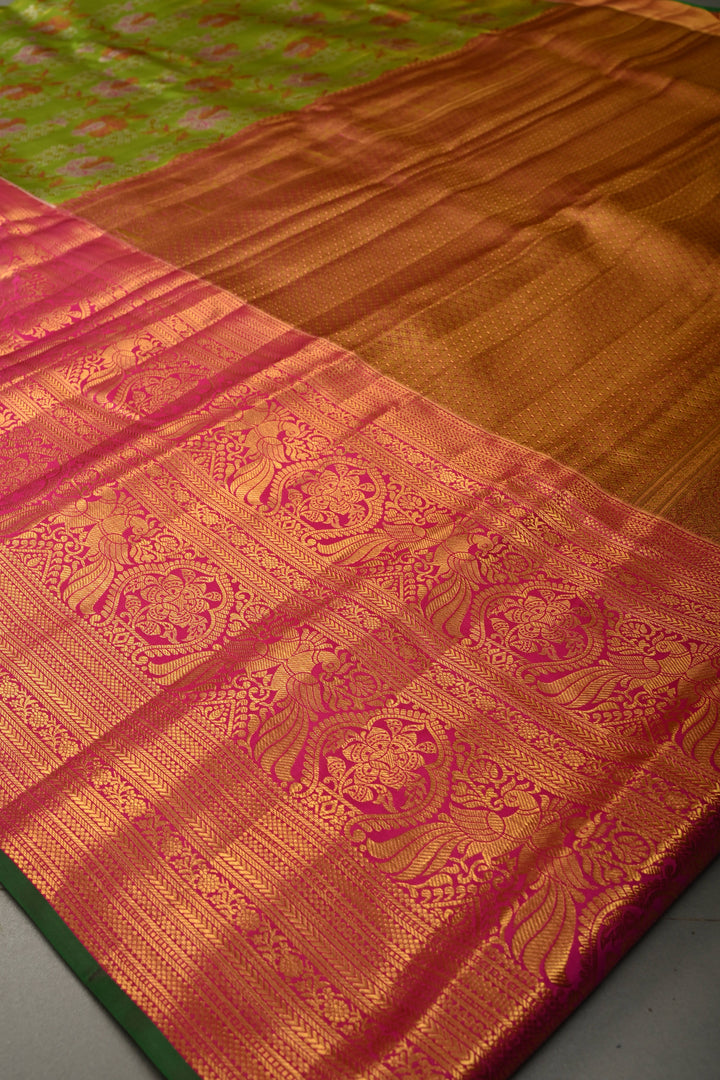 Parrot Green Pure Kanjivaram Tissue Silk Saree with Meenakari Floral Brocade and Wide Zari Border | SILK MARK CERTIFIED | SHOBITAM