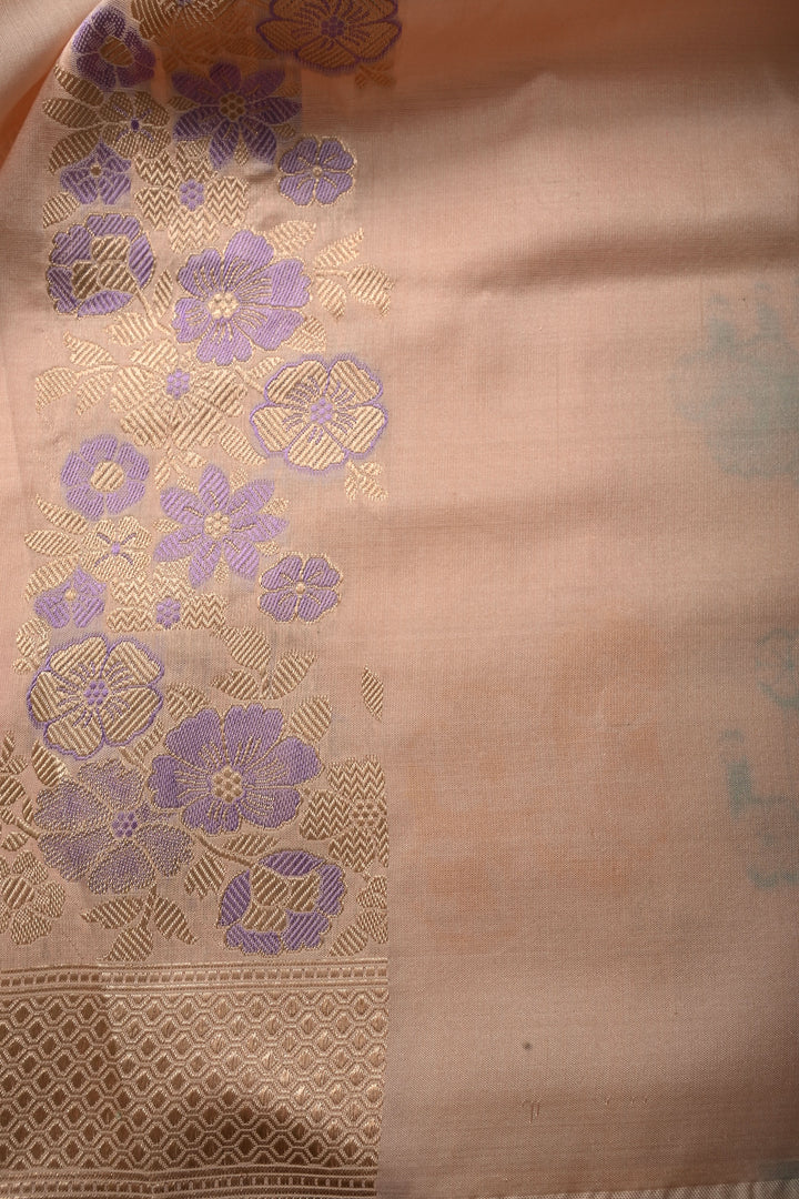 Light peach Pure Banarasi Paithani Style Katan Silk Saree with Meenakari Zari Buttas and Border | SILK MARK CERTIFIED | SHOBITAM