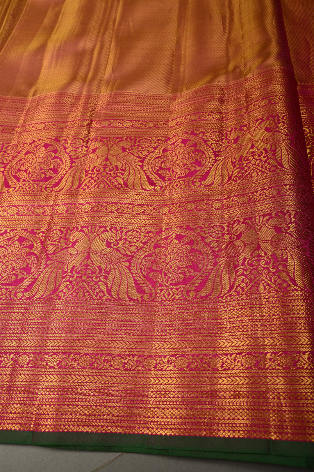 Parrot Green Pure Kanjivaram Tissue Silk Saree with Meenakari Floral Brocade and Wide Zari Border | SILK MARK CERTIFIED | SHOBITAM