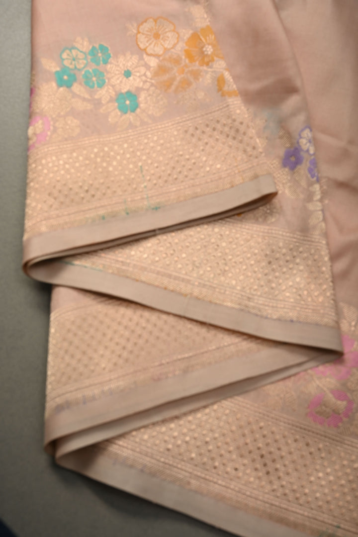 Light peach Pure Banarasi Paithani Style Katan Silk Saree with Meenakari Zari Buttas and Border | SILK MARK CERTIFIED | SHOBITAM