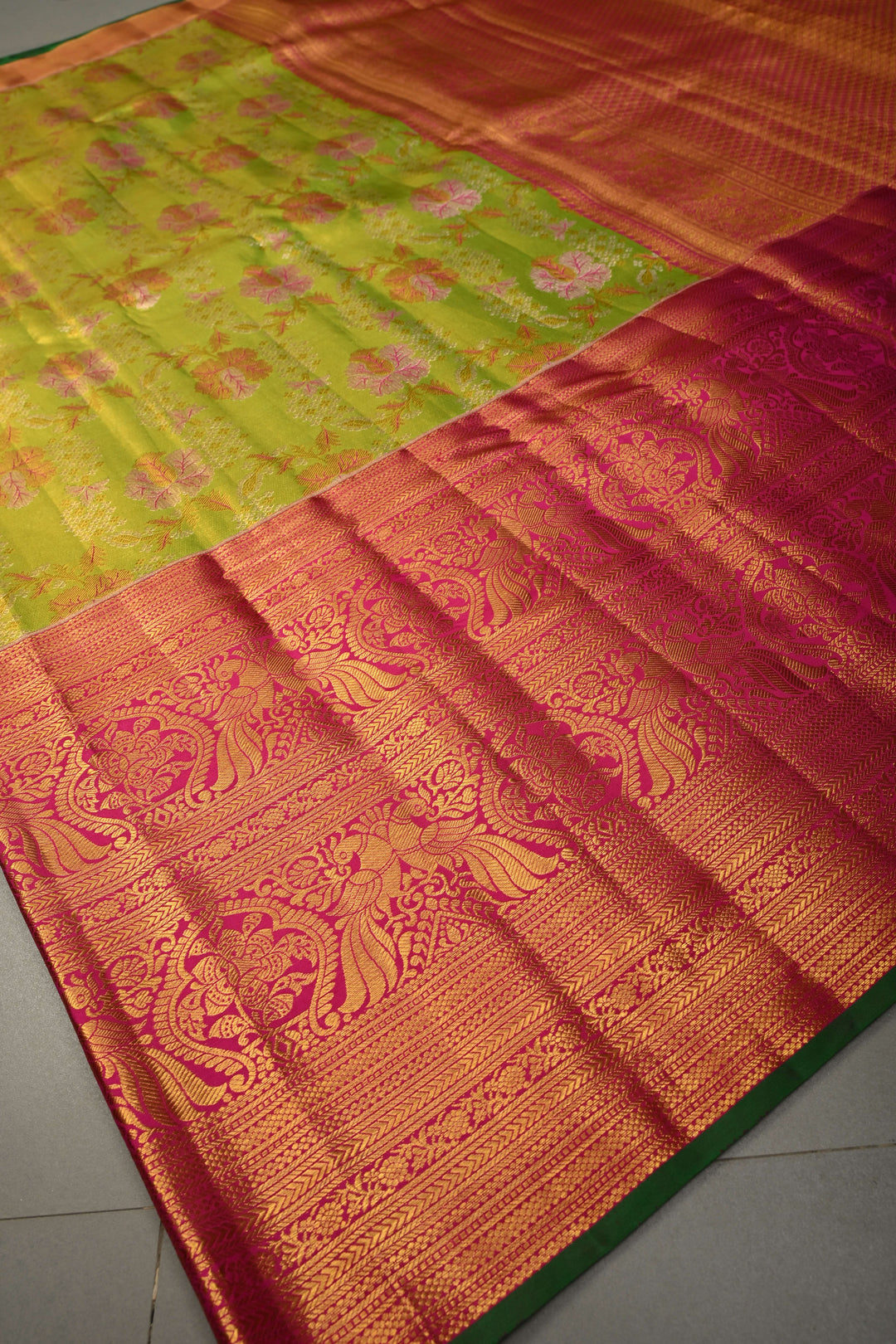 Parrot Green Pure Kanjivaram Tissue Silk Saree with Meenakari Floral Brocade and Wide Zari Border | SILK MARK CERTIFIED | SHOBITAM