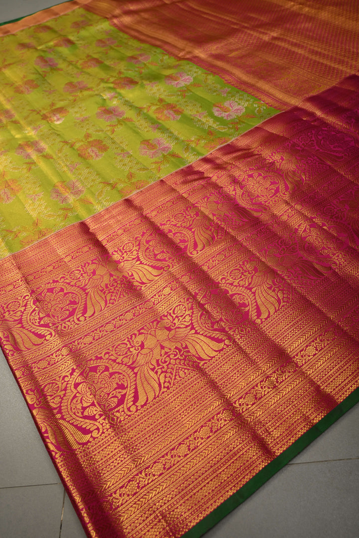 Parrot Green Pure Kanjivaram Tissue Silk Saree with Meenakari Floral Brocade and Wide Zari Border | SILK MARK CERTIFIED | SHOBITAM