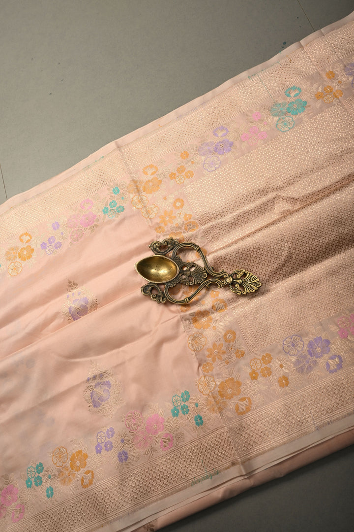 Light peach Pure Banarasi Paithani Style Katan Silk Saree with Meenakari Zari Buttas and Border | SILK MARK CERTIFIED | SHOBITAM