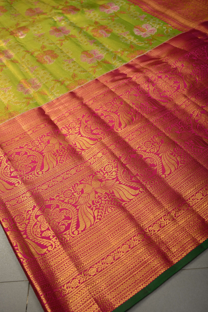 Parrot Green Pure Kanjivaram Tissue Silk Saree with Meenakari Floral Brocade and Wide Zari Border | SILK MARK CERTIFIED | SHOBITAM