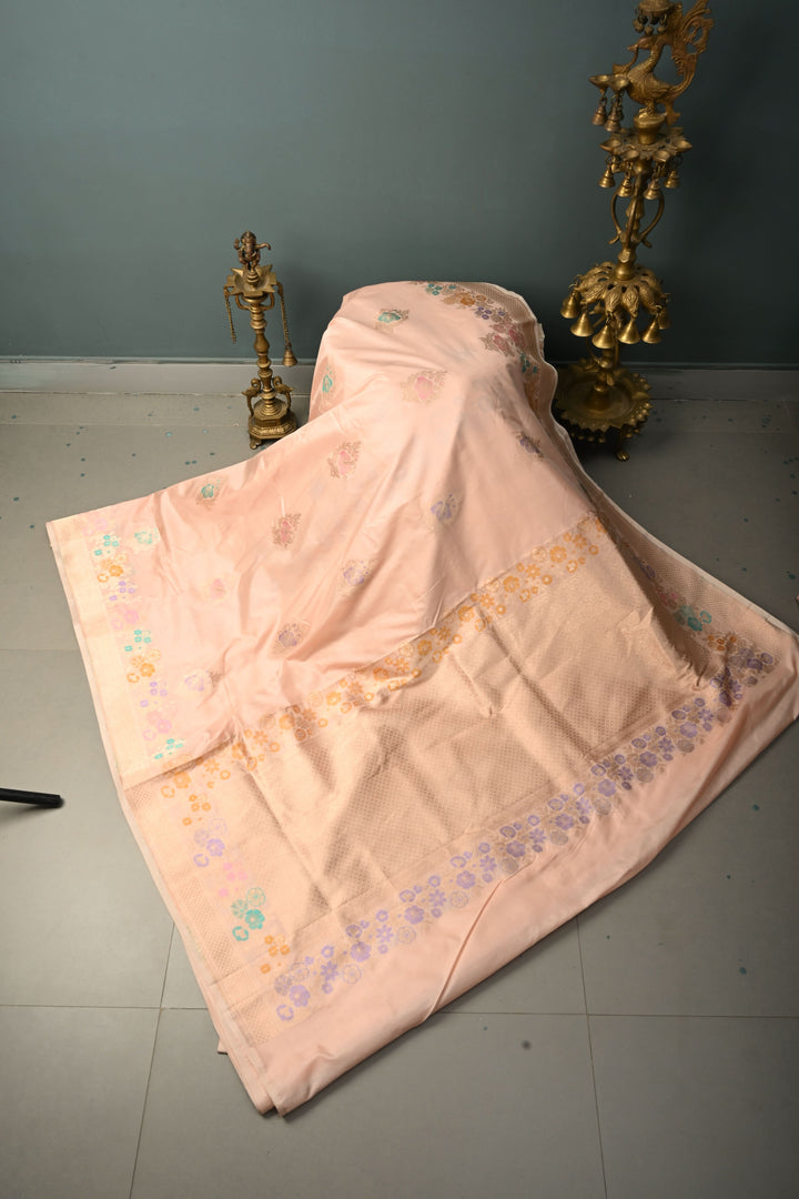 Light peach Pure Banarasi Paithani Style Katan Silk Saree with Meenakari Zari Buttas and Border | SILK MARK CERTIFIED | SHOBITAM