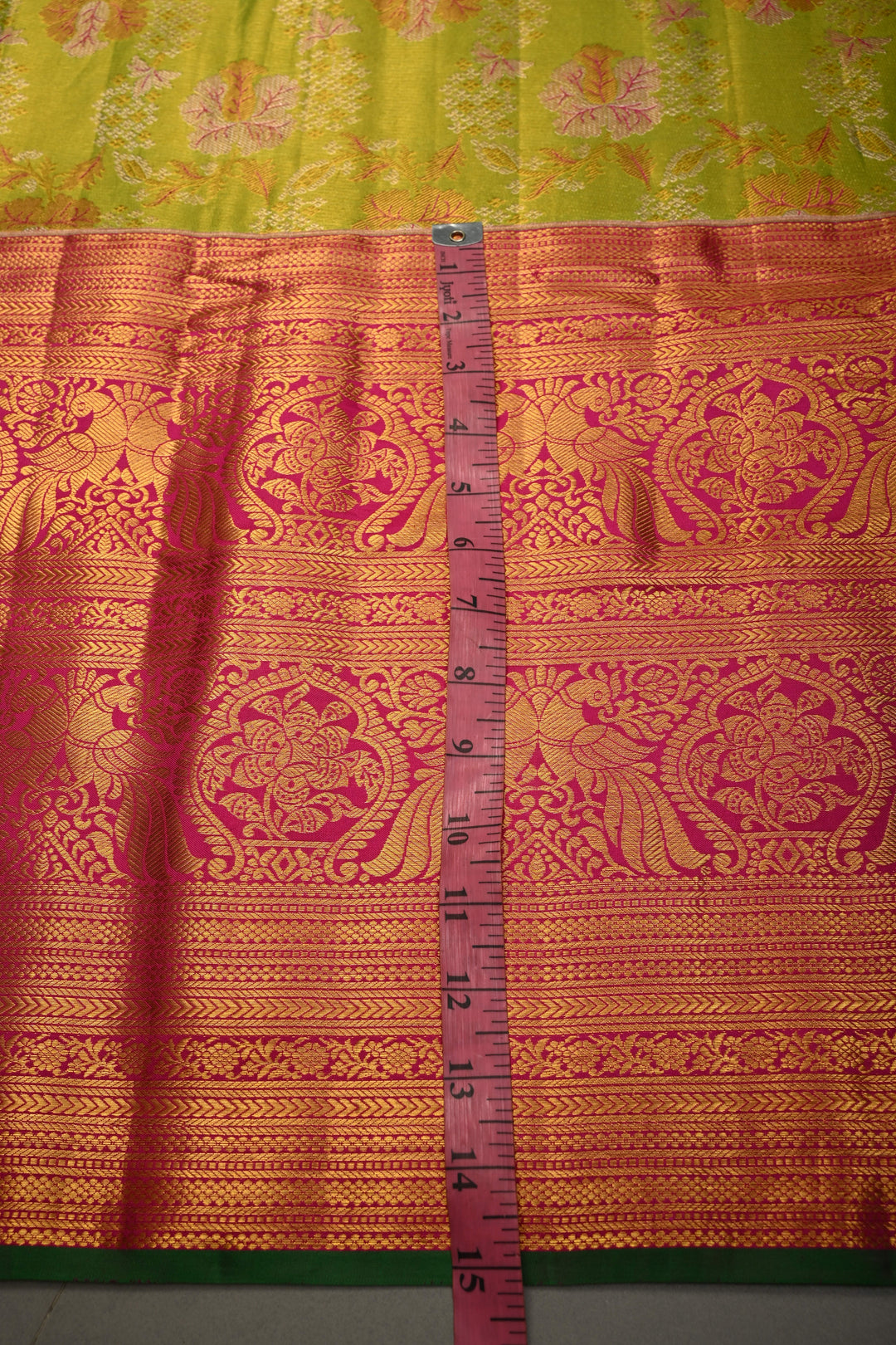 Parrot Green Pure Kanjivaram Tissue Silk Saree with Meenakari Floral Brocade and Wide Zari Border | SILK MARK CERTIFIED | SHOBITAM