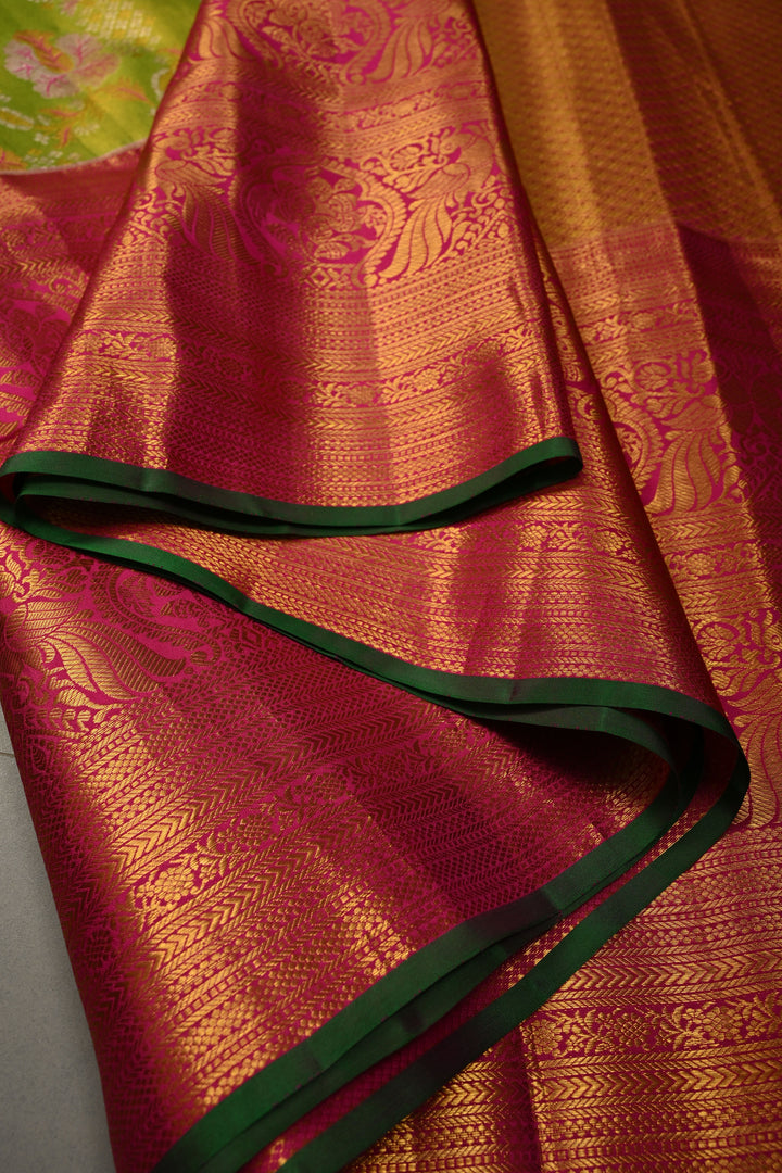 Parrot Green Pure Kanjivaram Tissue Silk Saree with Meenakari Floral Brocade and Wide Zari Border | SILK MARK CERTIFIED | SHOBITAM