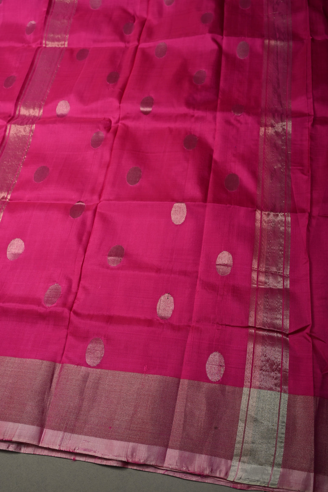 Fushia Pink Uppada Handloom Silk Saree with Silver Polka Dots and Tissue Border | SILK MARK CERTIFIED | SHOBITAM