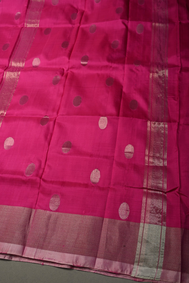 Fushia Pink Uppada Handloom Silk Saree with Silver Polka Dots and Tissue Border | SILK MARK CERTIFIED | SHOBITAM