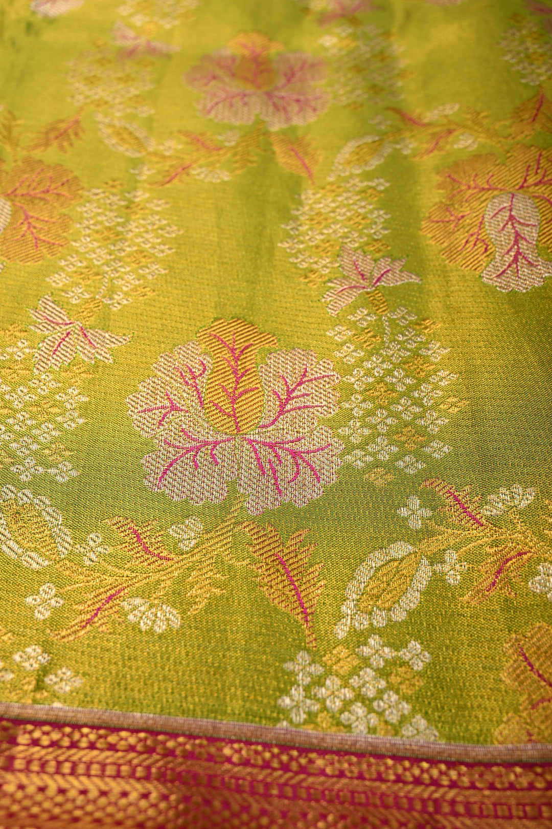 Parrot Green Pure Kanjivaram Tissue Silk Saree with Meenakari Floral Brocade and Wide Zari Border | SILK MARK CERTIFIED | SHOBITAM