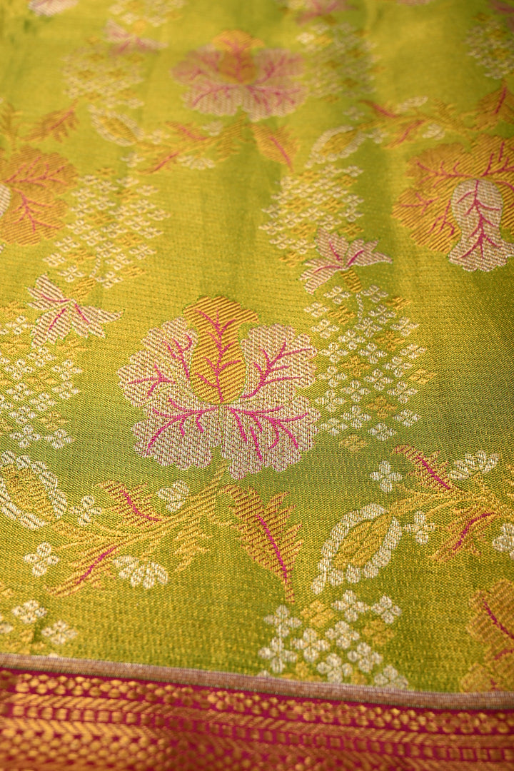 Parrot Green Pure Kanjivaram Tissue Silk Saree with Meenakari Floral Brocade and Wide Zari Border | SILK MARK CERTIFIED | SHOBITAM