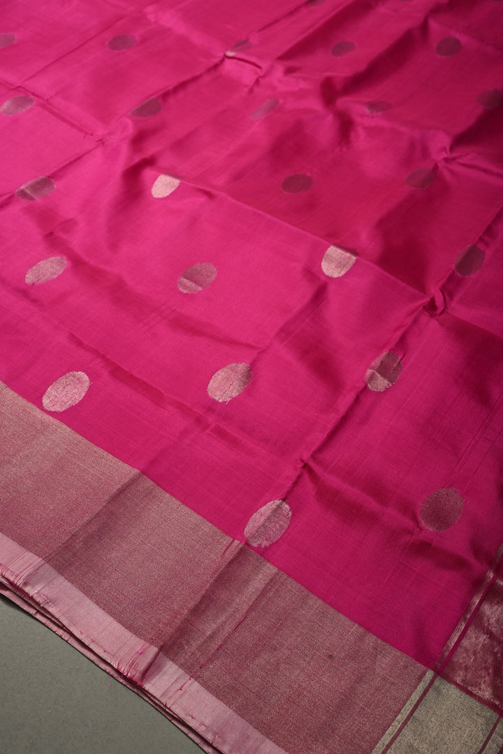 Fushia Pink Uppada Handloom Silk Saree with Silver Polka Dots and Tissue Border | SILK MARK CERTIFIED | SHOBITAM