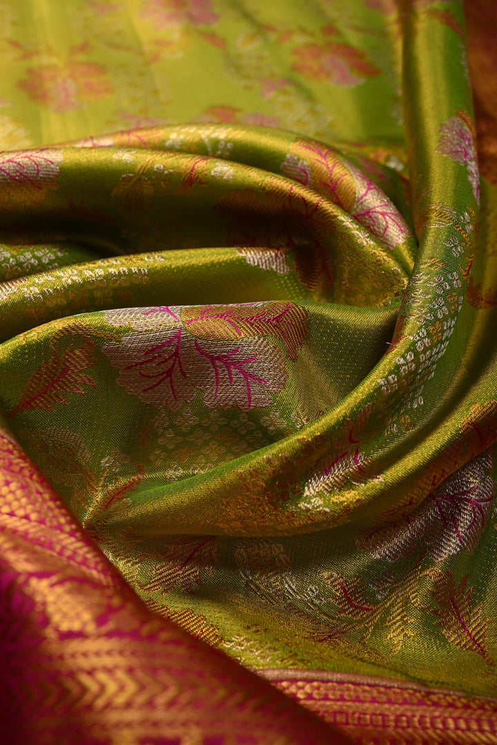 Parrot Green Pure Kanjivaram Tissue Silk Saree with Meenakari Floral Brocade and Wide Zari Border | SILK MARK CERTIFIED | SHOBITAM