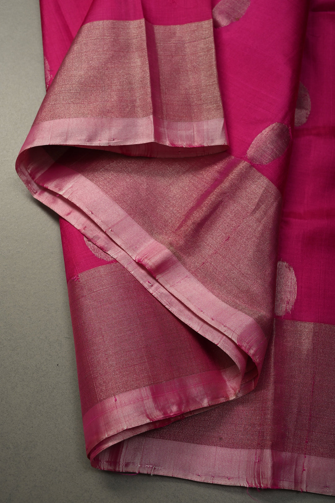 Fushia Pink Uppada Handloom Silk Saree with Silver Polka Dots and Tissue Border | SILK MARK CERTIFIED | SHOBITAM