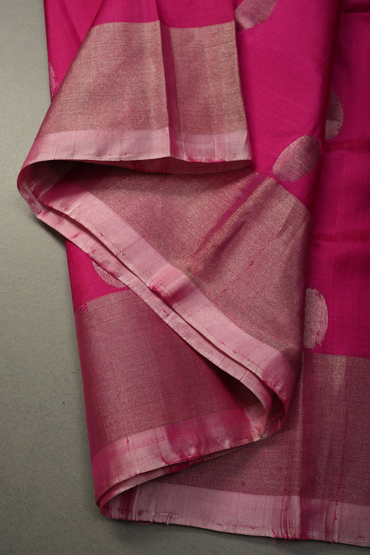 Fushia Pink Uppada Handloom Silk Saree with Silver Polka Dots and Tissue Border | SILK MARK CERTIFIED | SHOBITAM