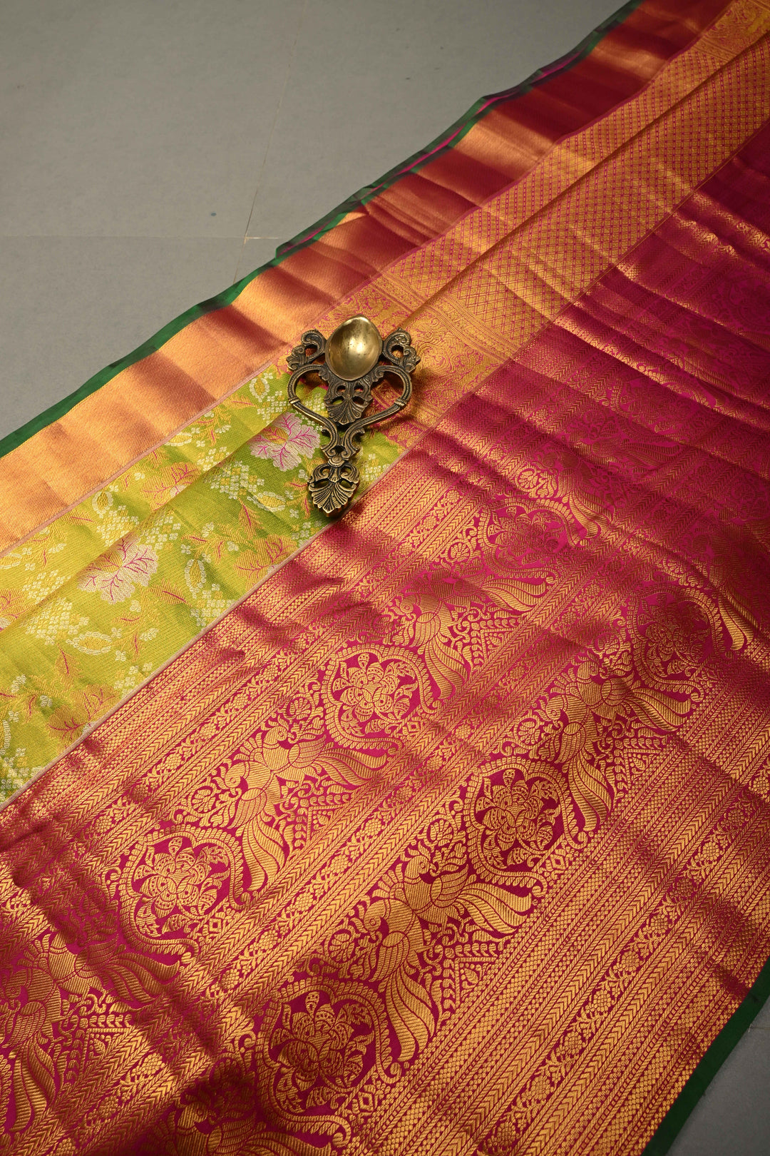 Parrot Green Pure Kanjivaram Tissue Silk Saree with Meenakari Floral Brocade and Wide Zari Border | SILK MARK CERTIFIED | SHOBITAM